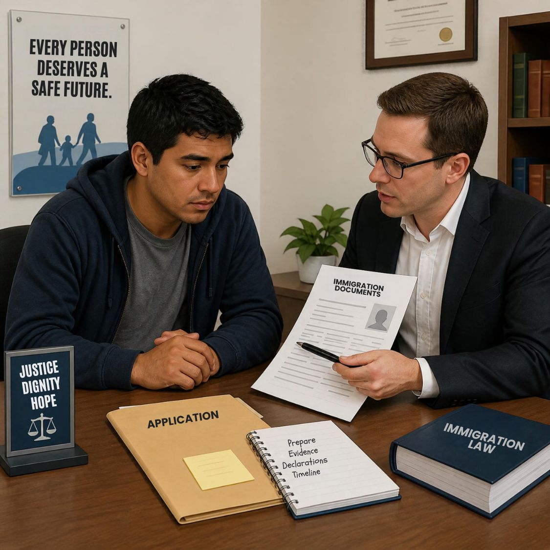 Illustration of an asylum seeker reviewing immigration documents with an attorney