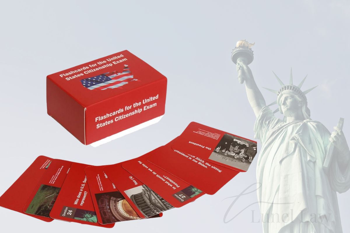 Official USCIS citizenship test flashcards spread out on a table