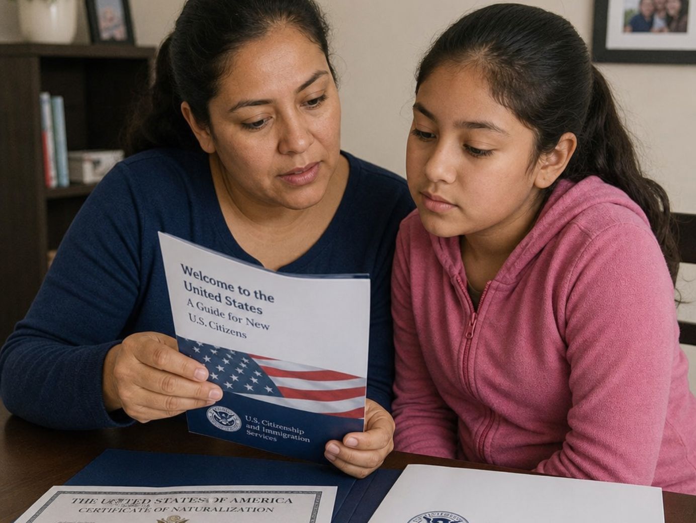 parent and child reviewing U.S. citizenship documents