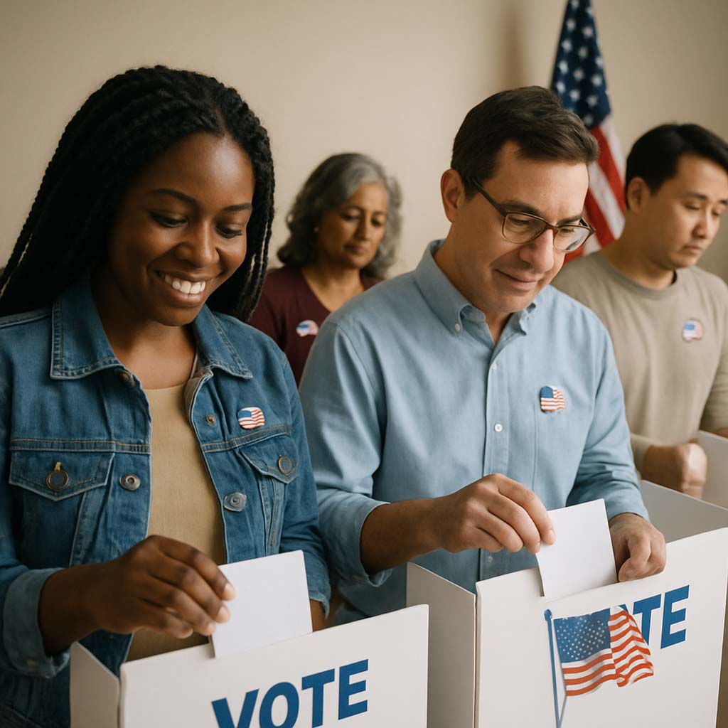 Newly naturalized citizens voting in an election