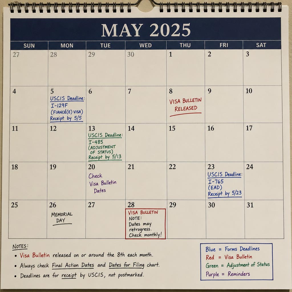A calendar marked with USCIS deadlines and “Visa Bulletin” notes