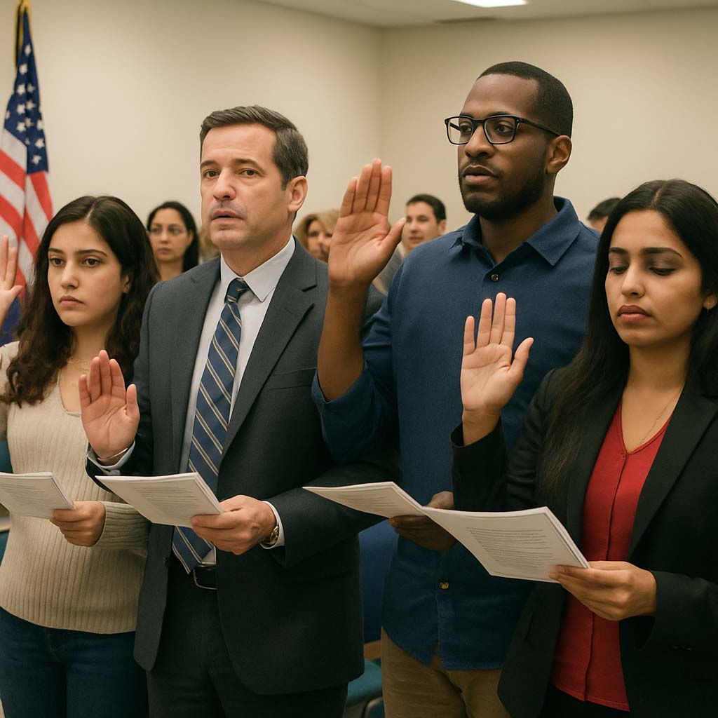 Naturalization ceremony with participants taking the oath